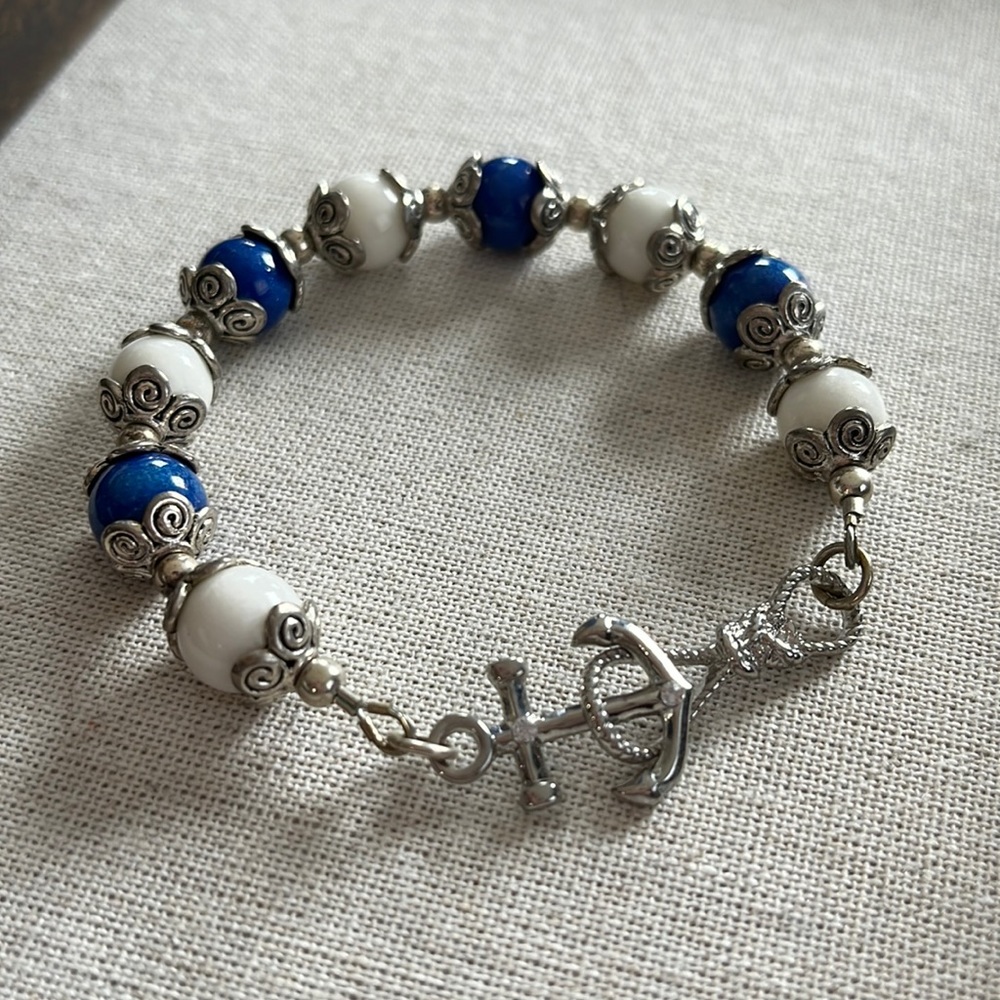 Royal blue and white bracelet with anchor closure